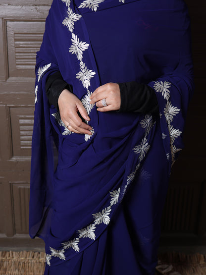 Navy Blue Georgette Saree with Silver Aari Chinar Border