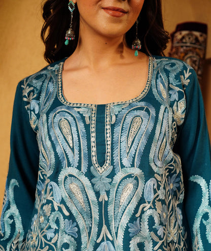 Green Base Aari and Zari Embroidered Woolen Jamawar Suit with Stole | Pure kashmiri Wool