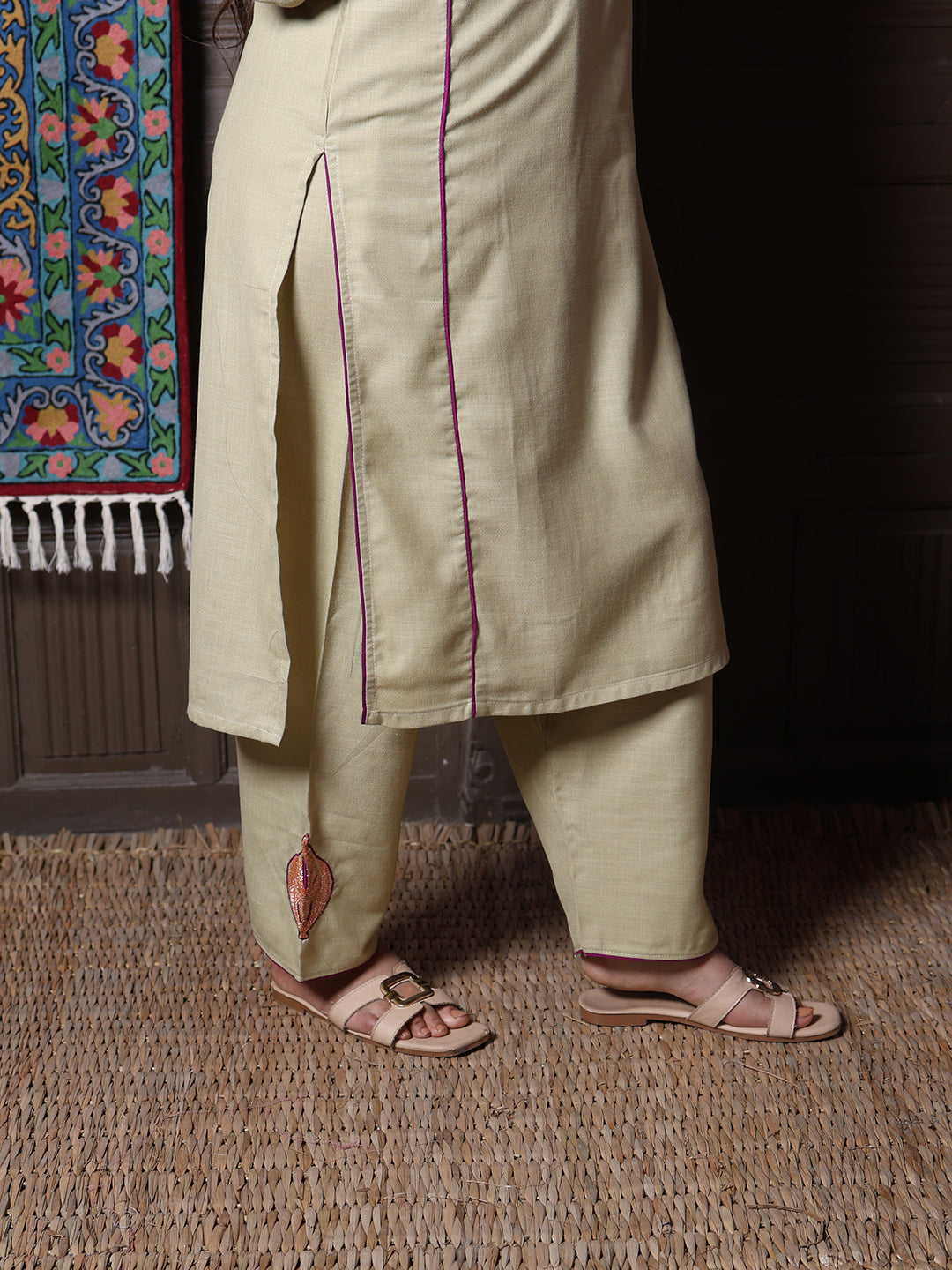 Sage Green Golden Tilla & Purple Silk Embroidered Kashmiri Cotton Co-ord set