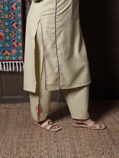 Sage Green Golden Tilla & Purple Silk Embroidered Kashmiri Cotton Co-ord set