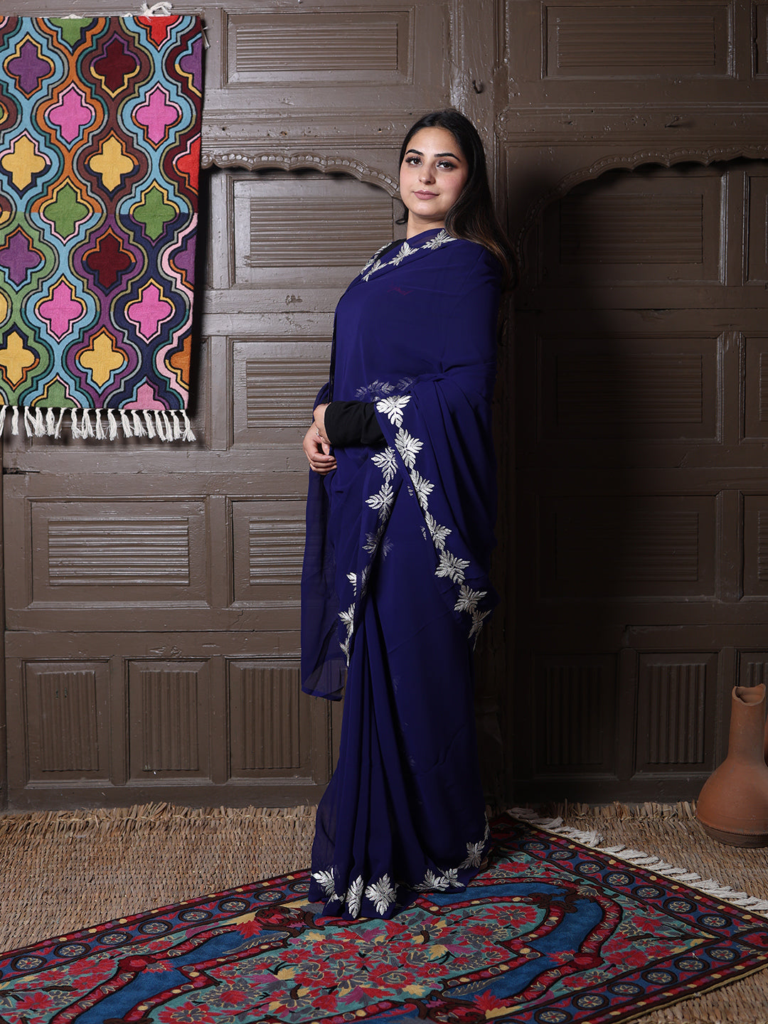 Navy Blue Georgette Saree with Silver Aari Chinar Border