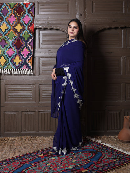 Navy Blue Georgette Saree with Silver Aari Chinar Border