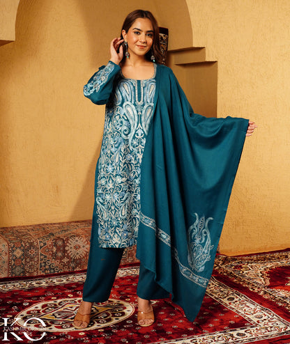 Green Base Aari and Zari Embroidered Woolen Jamawar Suit with Stole | Pure kashmiri Wool