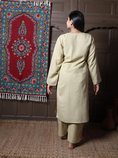 Sage Green Golden Tilla & Purple Silk Embroidered Kashmiri Cotton Co-ord set