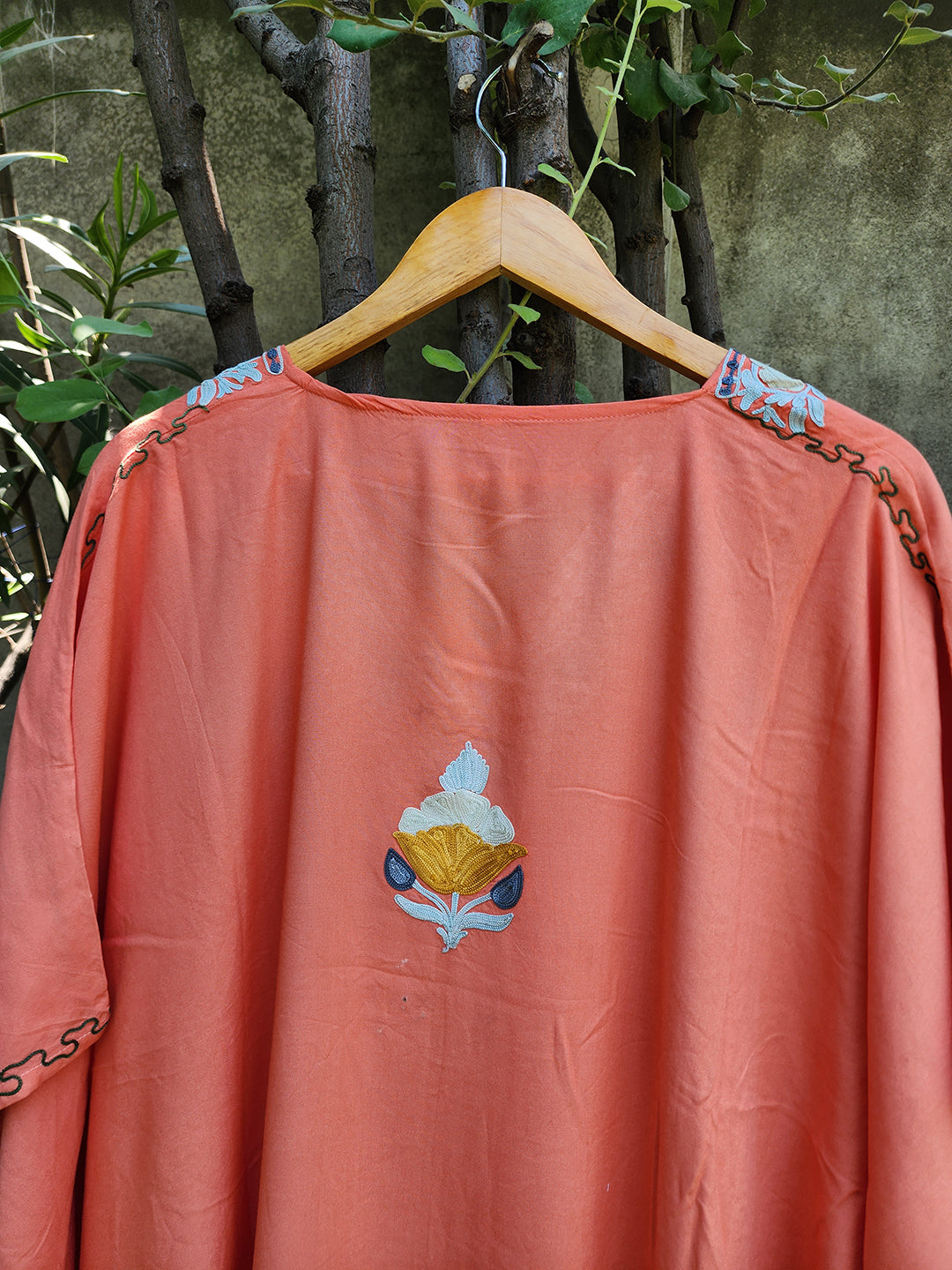 Peach Aari Embroidered Rayon Cotton Dotted Kaftan