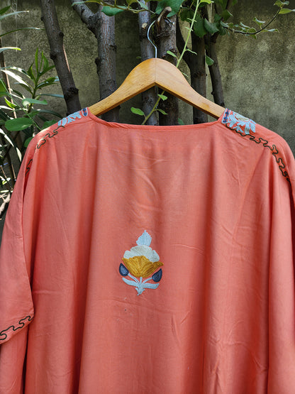 Peach Aari Embroidered Rayon Cotton Dotted Kaftan
