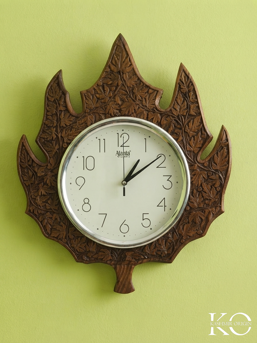 Kashmiri Chinar Leaf Design Walnut Wood Carved Wall Clock | Hand Made | Hand Engraved In Kashmir