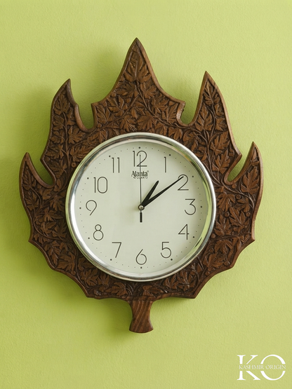 Kashmiri Chinar Leaf Design Walnut Wood Carved Wall Clock | Hand Made | Hand Engraved In Kashmir