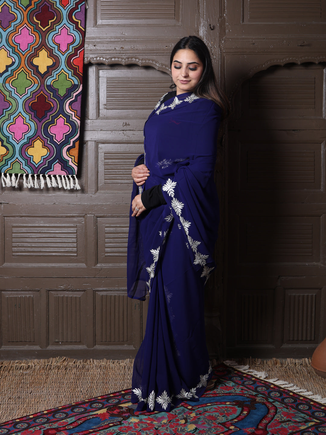 Navy Blue Georgette Saree with Silver Aari Chinar Border