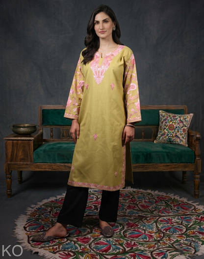 Olive Green Arm Design Aari Embroidered Cotton Kurti