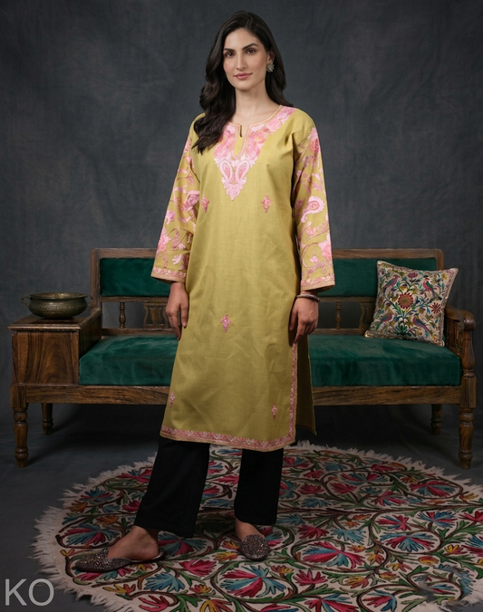 Olive Green Arm Design Aari Embroidered Cotton Kurti