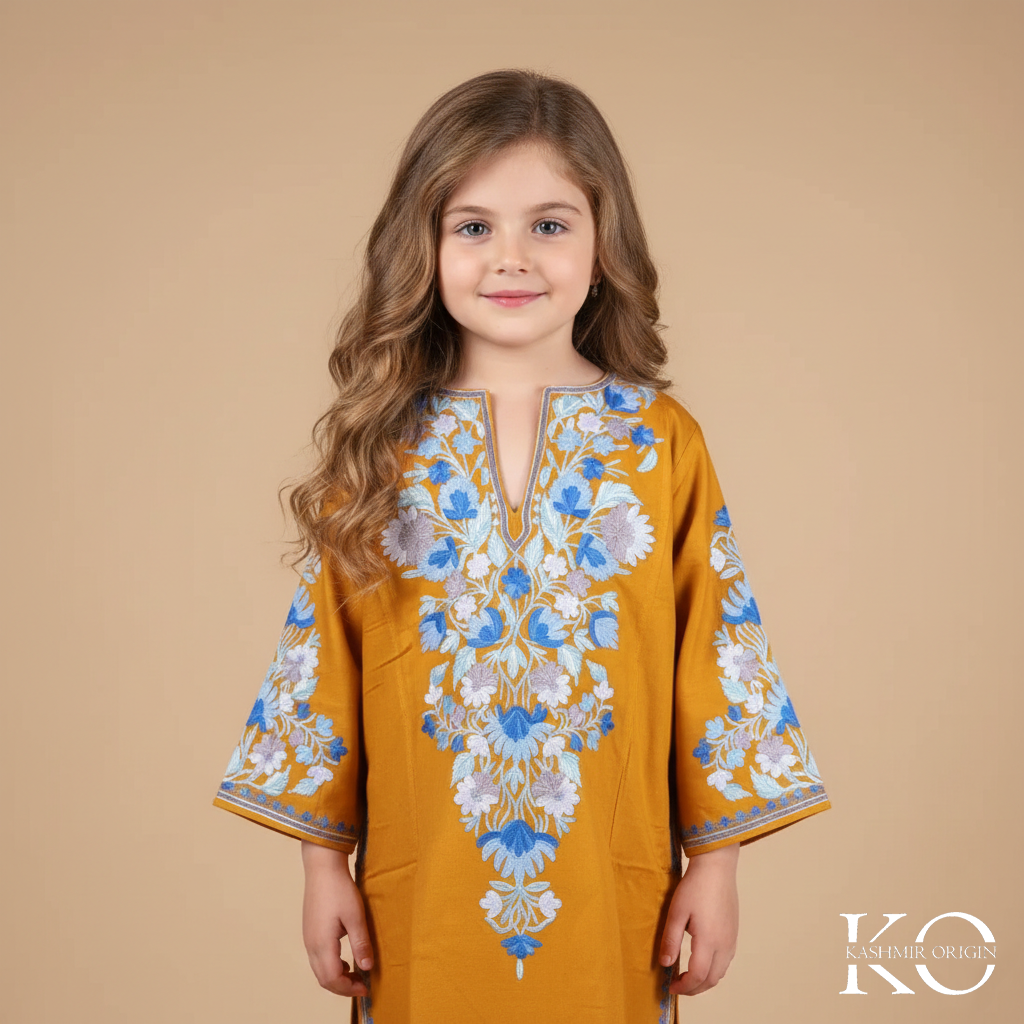 Mustard Yellow Aari Embroidered Woolen Kids Pheran | Girls Pheran | Kids Wear