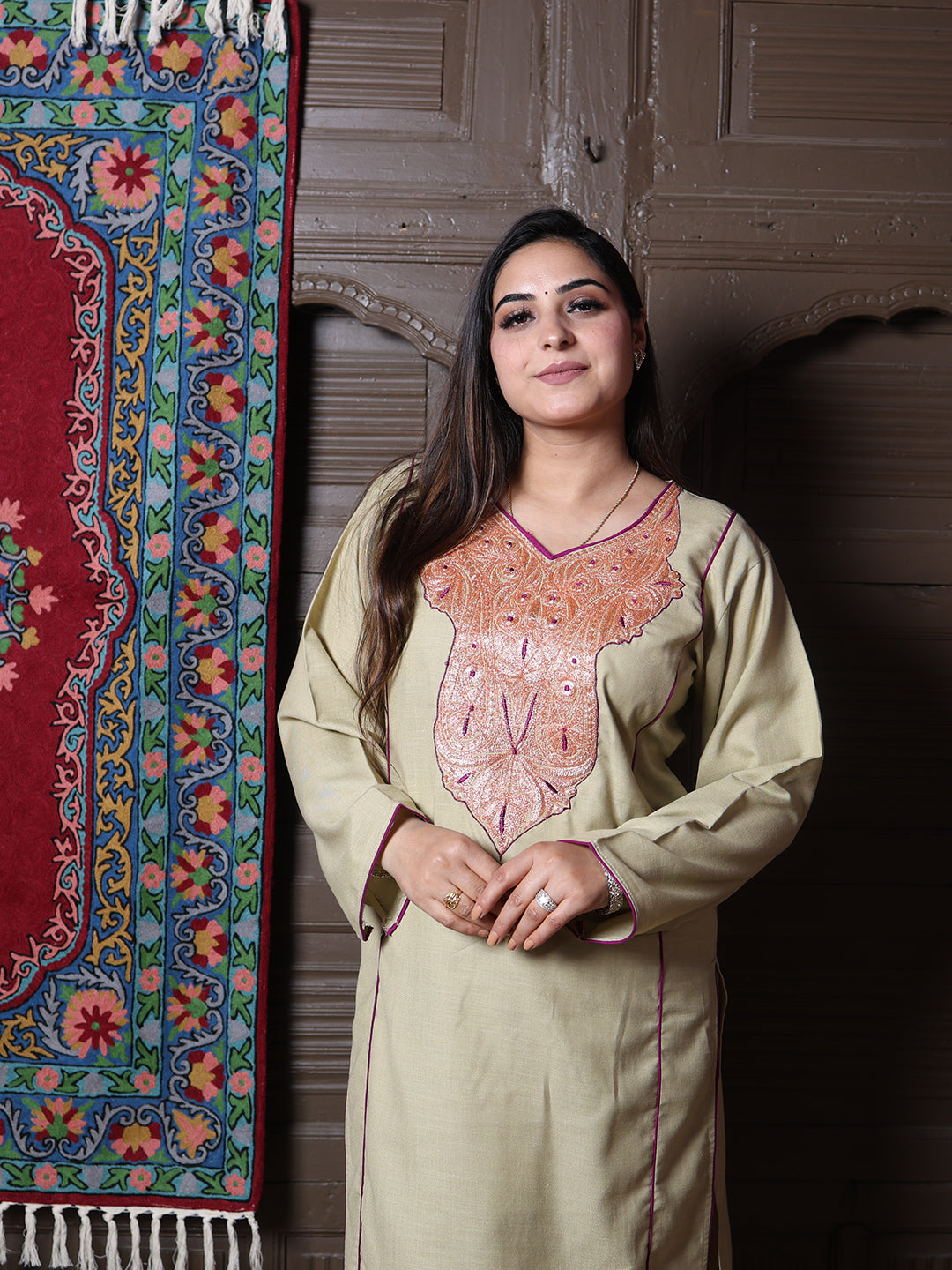 Sage Green Golden Tilla & Purple Silk Embroidered Kashmiri Cotton Co-ord set