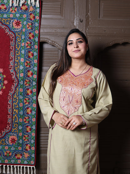 Sage Green Golden Tilla & Purple Silk Embroidered Kashmiri Cotton Co-ord set