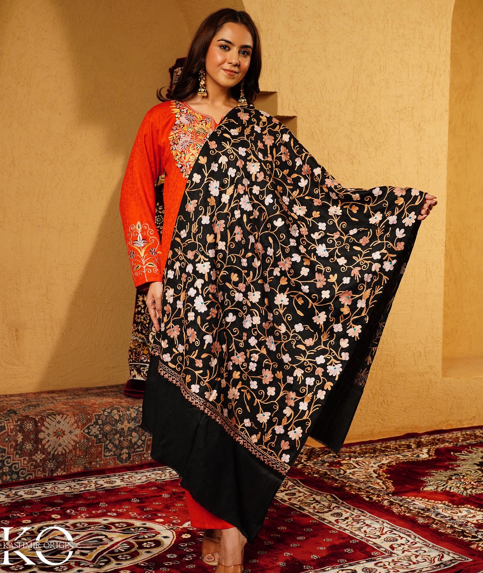 Black Aari Embroidered Woolen Shawl