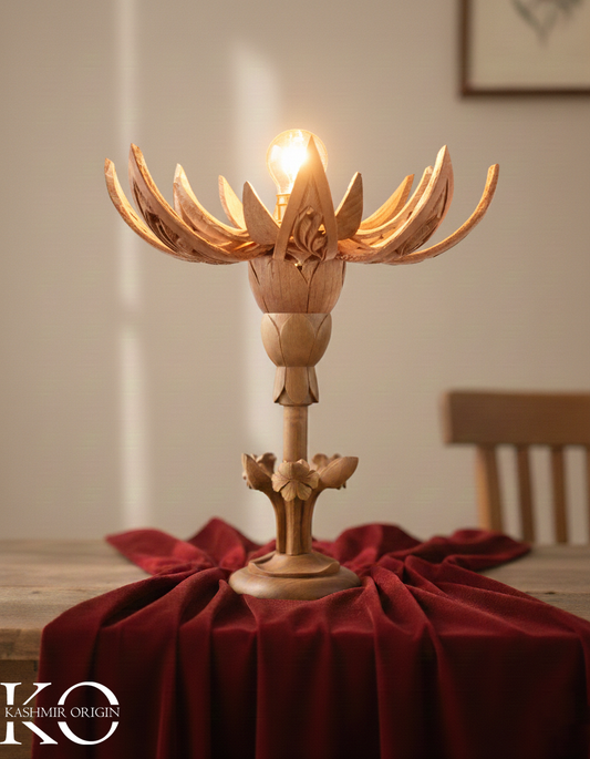 Kamal Lotus Shaped Walnut Wood Night Lamp | Hand Carved in kashmir