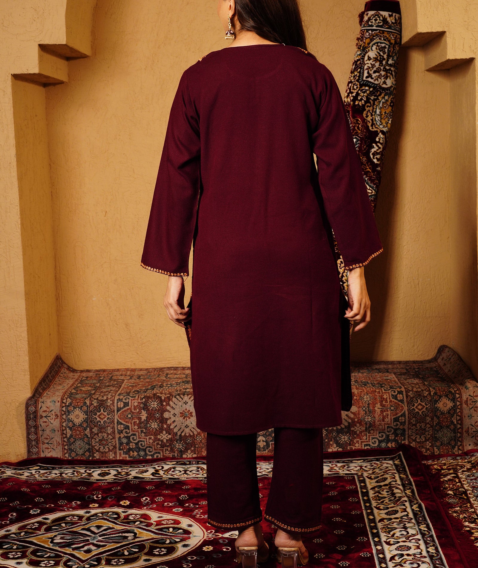 Maroon Tilla Embroidered Woolen Co-ord Set