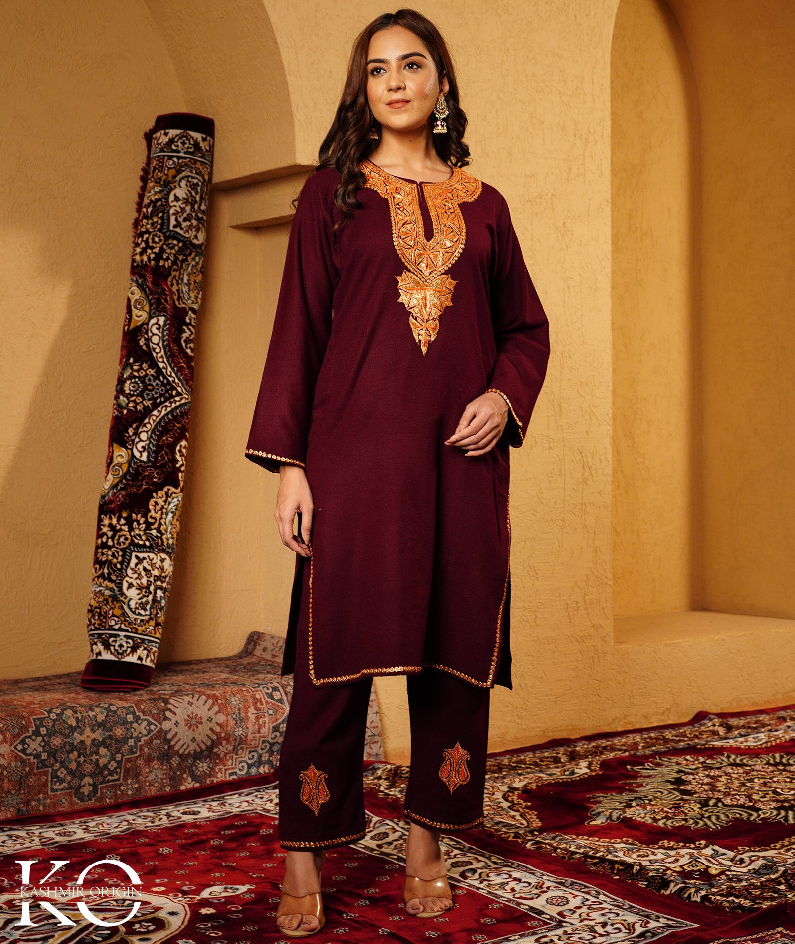 Maroon Tilla Embroidered Woolen Co-ord Set