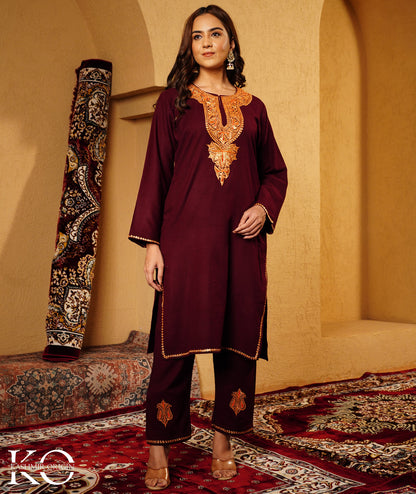Maroon Tilla Embroidered Woolen Co-ord Set