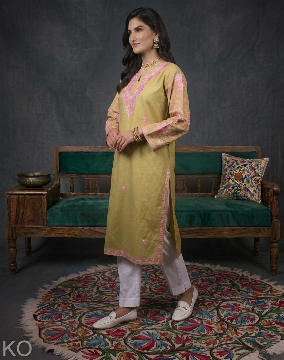 Olive Green Arm Design Aari Embroidered Cotton Kurti