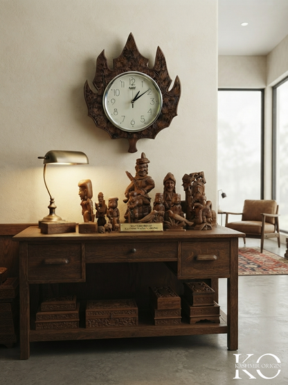 Kashmiri Chinar Leaf Design Walnut Wood Carved Wall Clock | Hand Made | Hand Engraved In Kashmir