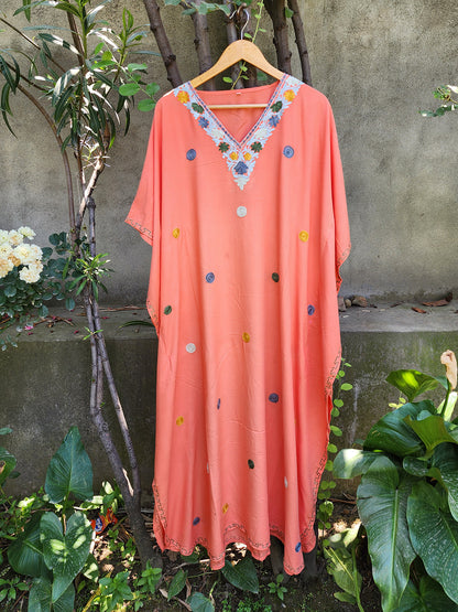 Peach Aari Embroidered Rayon Cotton Dotted Kaftan