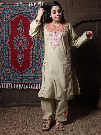 Sage Green Golden Tilla & Purple Silk Embroidered Kashmiri Cotton Co-ord set