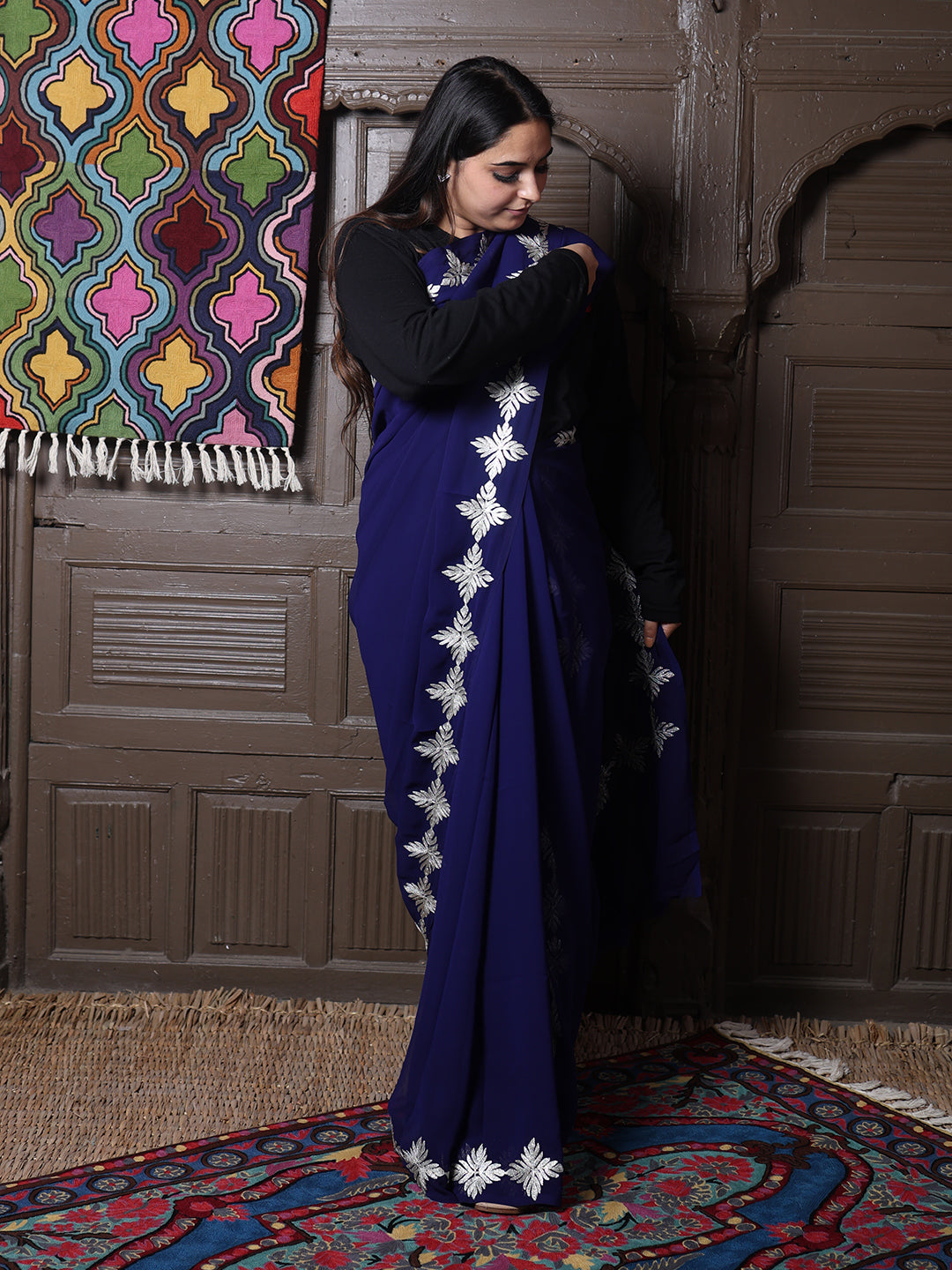 Navy Blue Georgette Saree with Silver Aari Chinar Border