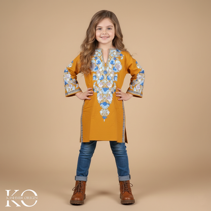 Mustard Yellow Aari Embroidered Woolen Kids Pheran | Girls Pheran | Kids Wear