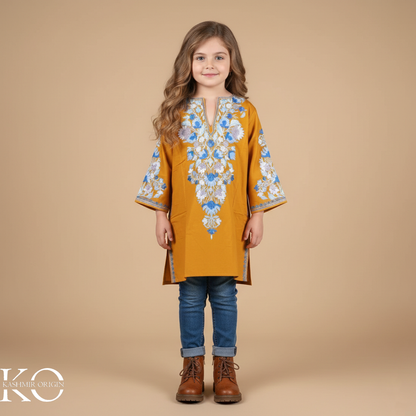 Mustard Yellow Aari Embroidered Woolen Kids Pheran | Girls Pheran | Kids Wear