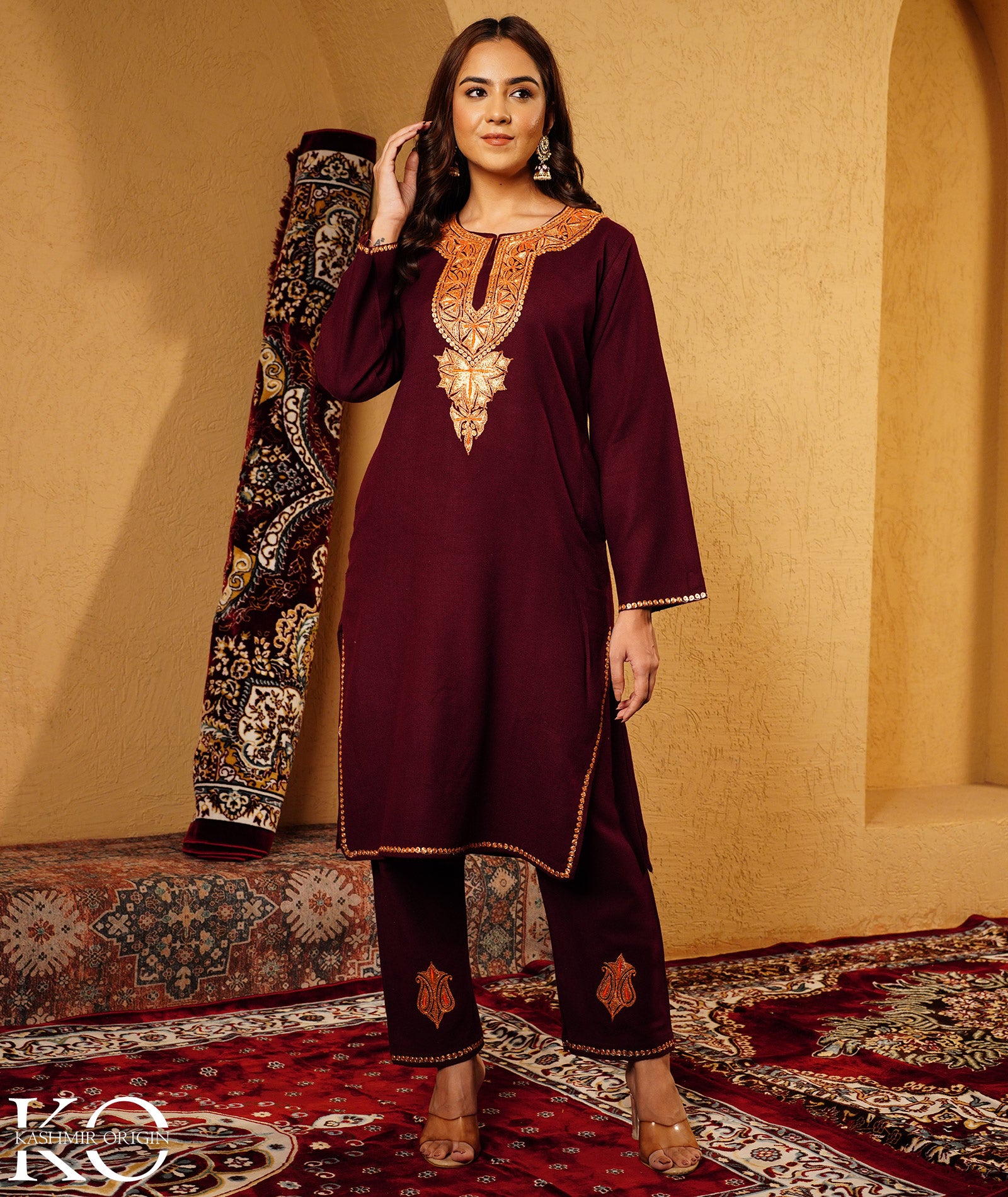 Maroon Tilla Embroidered Woolen Co-ord Set