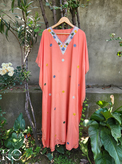 Peach Aari Embroidered Rayon Cotton Dotted Kaftan