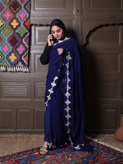 Navy Blue Georgette Saree with Silver Aari Chinar Border
