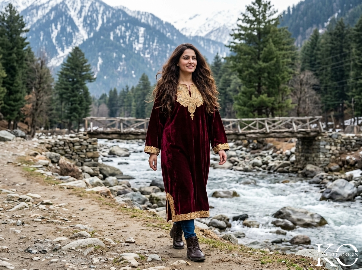 Red Tilla Embroidered Velvet Pheran