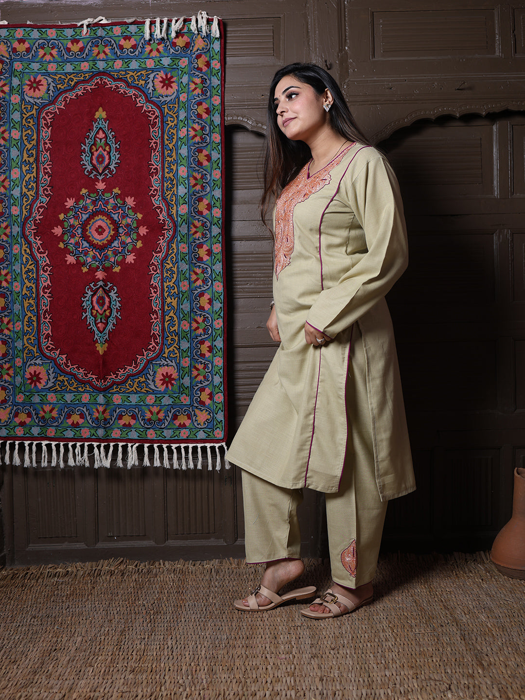 Sage Green Golden Tilla & Purple Silk Embroidered Kashmiri Cotton Co-ord set