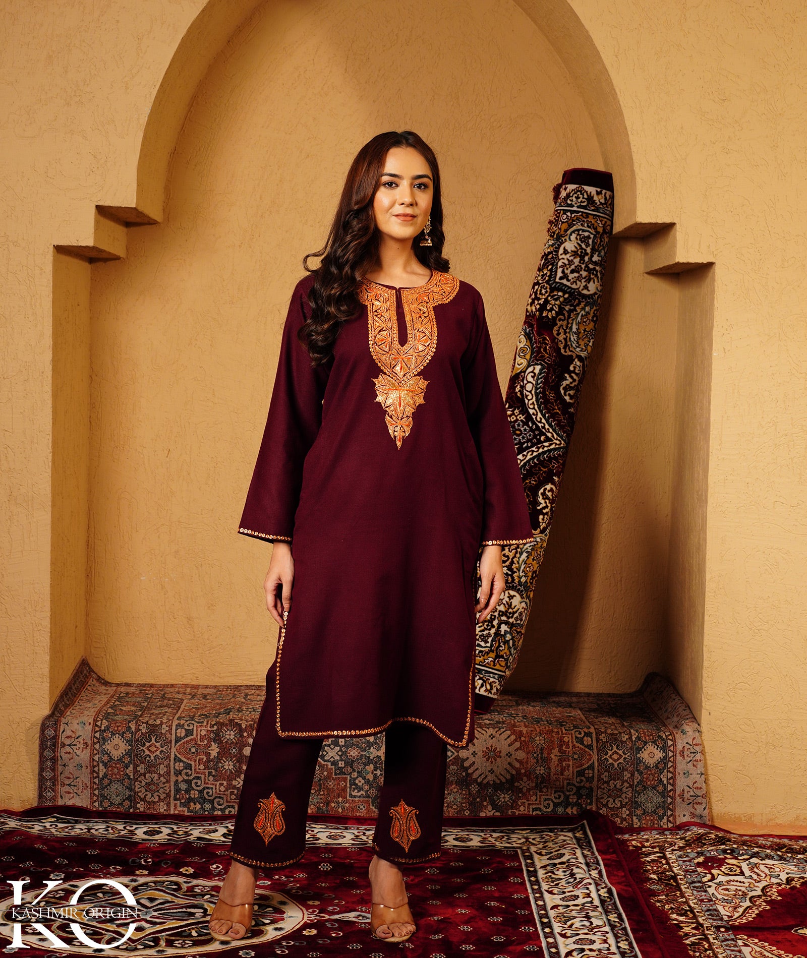 Maroon Tilla Embroidered Woolen Co-ord Set