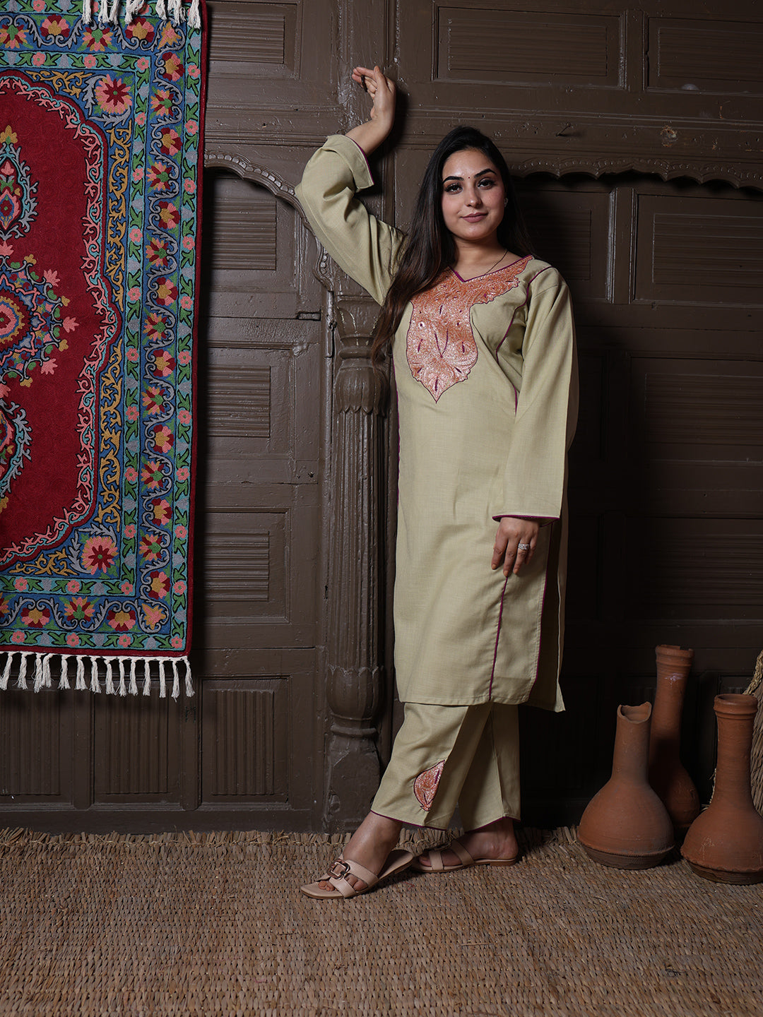 Sage Green Golden Tilla & Purple Silk Embroidered Kashmiri Cotton Co-ord set