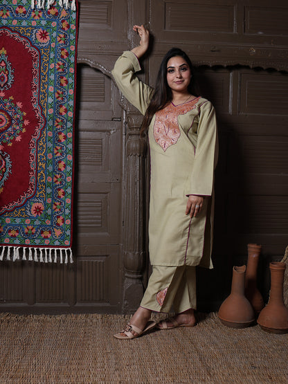 Sage Green Golden Tilla & Purple Silk Embroidered Kashmiri Cotton Co-ord set