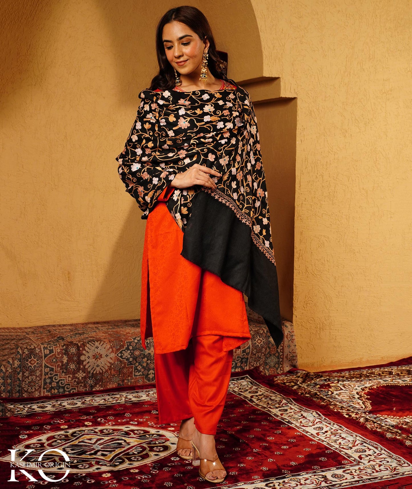 Black Aari Embroidered Woolen Shawl