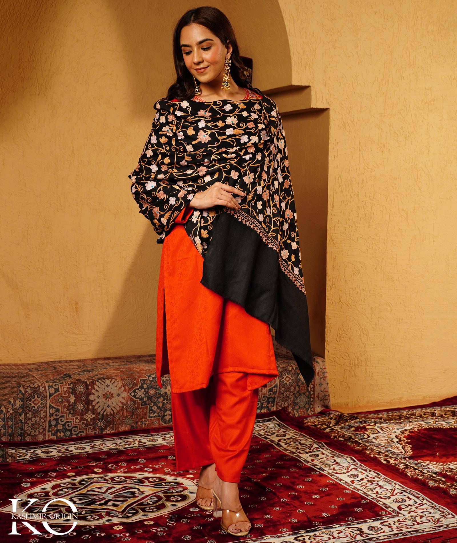 Black Aari Embroidered Woolen Shawl