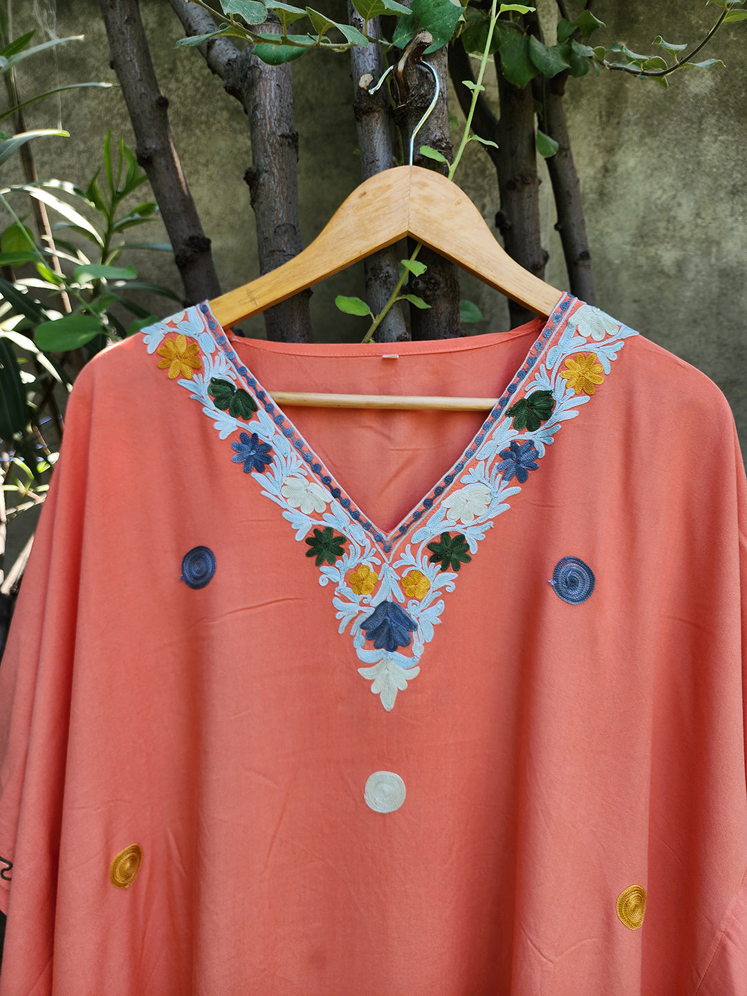 Peach Aari Embroidered Rayon Cotton Dotted Kaftan