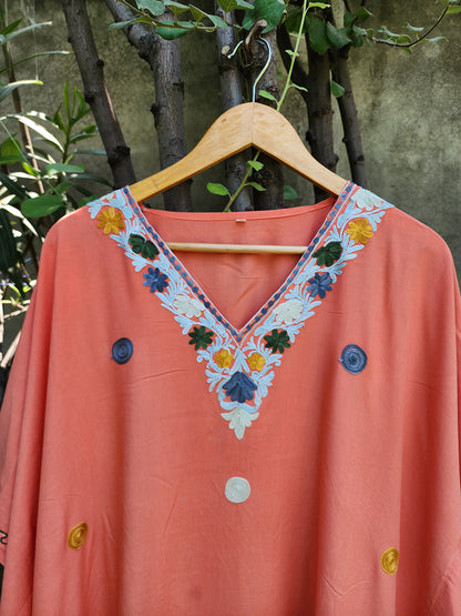 Peach Aari Embroidered Rayon Cotton Dotted Kaftan