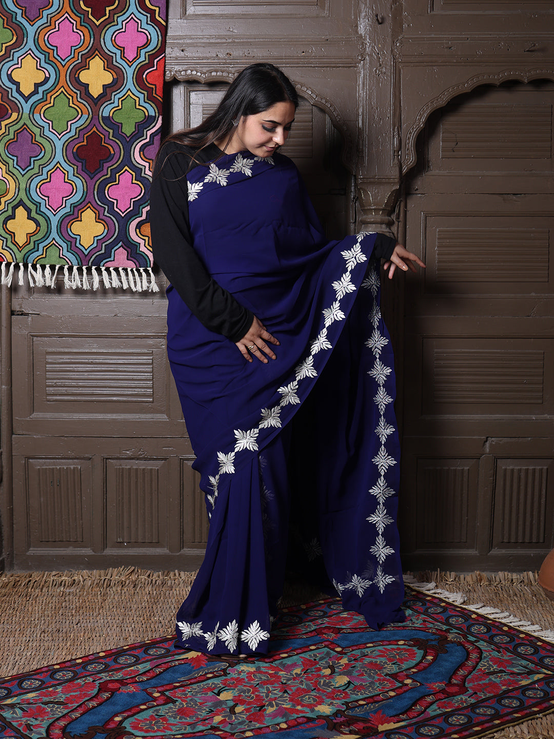 Navy Blue Georgette Saree with Silver Aari Chinar Border