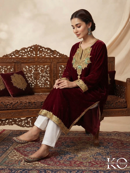 Red Tilla Embroidered Velvet Pheran