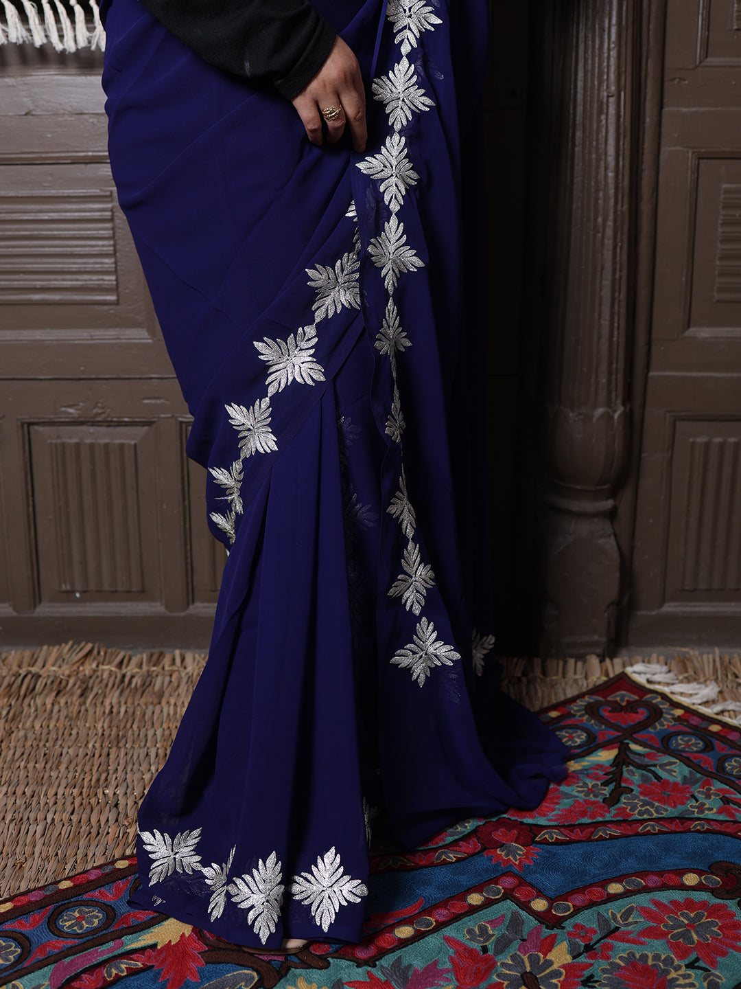 Navy Blue Georgette Saree with Silver Aari Chinar Border