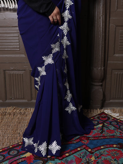 Navy Blue Georgette Saree with Silver Aari Chinar Border