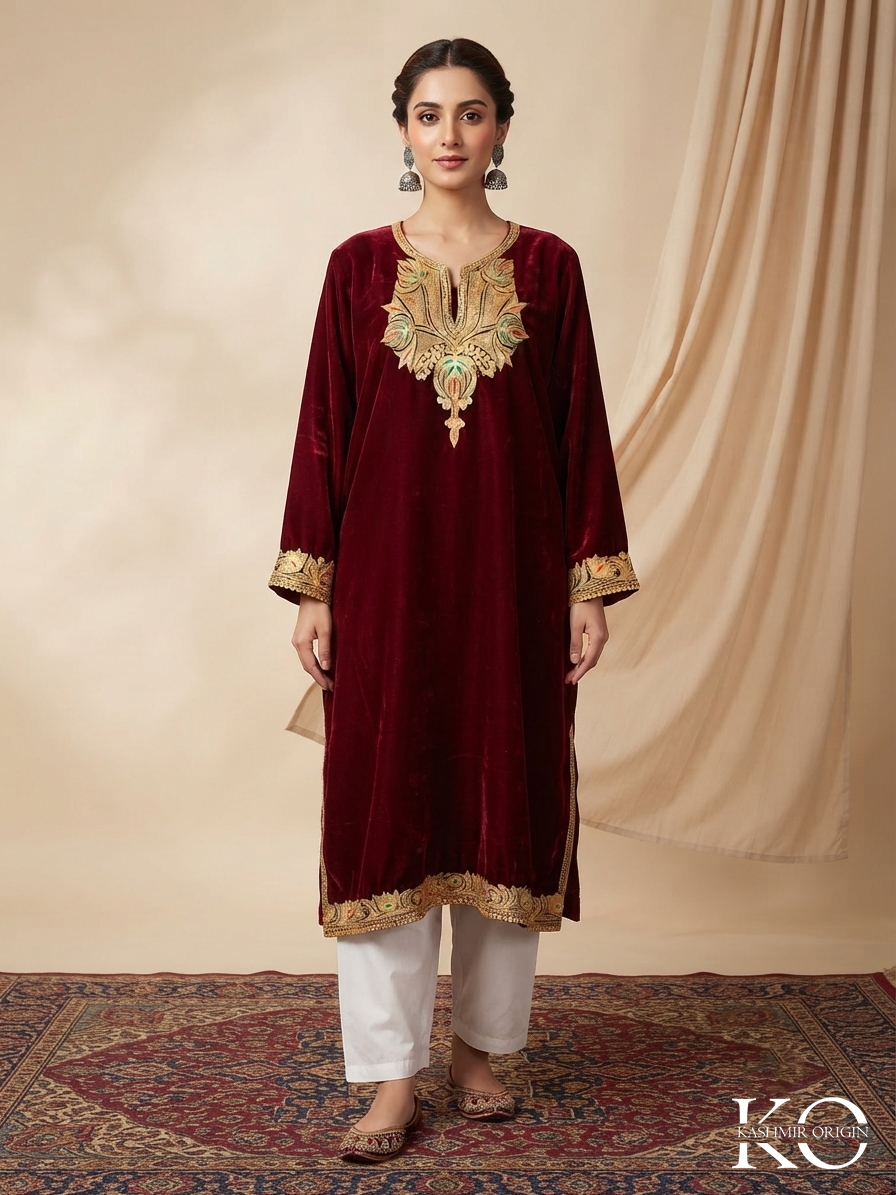 Red Tilla Embroidered Velvet Pheran