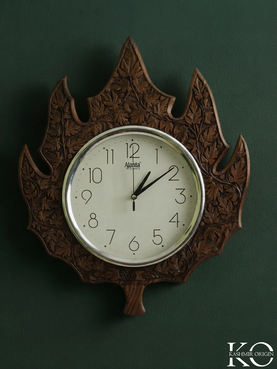 Kashmiri Chinar Leaf Design Walnut Wood Carved Wall Clock | Hand Made | Hand Engraved In Kashmir