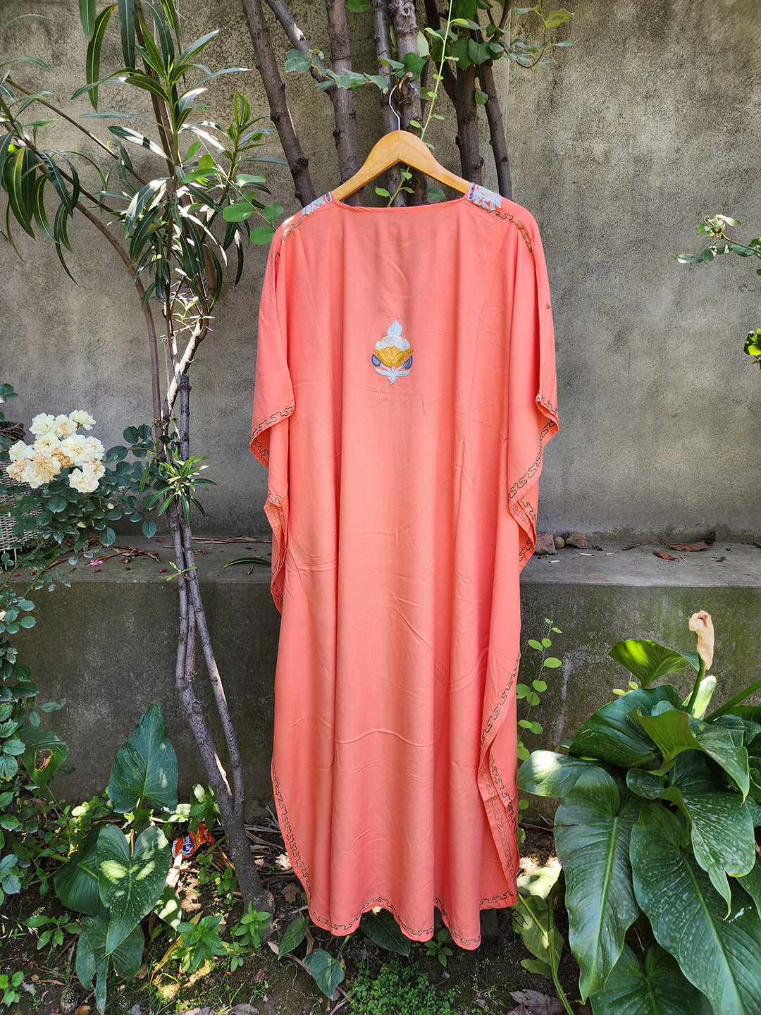 Peach Aari Embroidered Rayon Cotton Dotted Kaftan