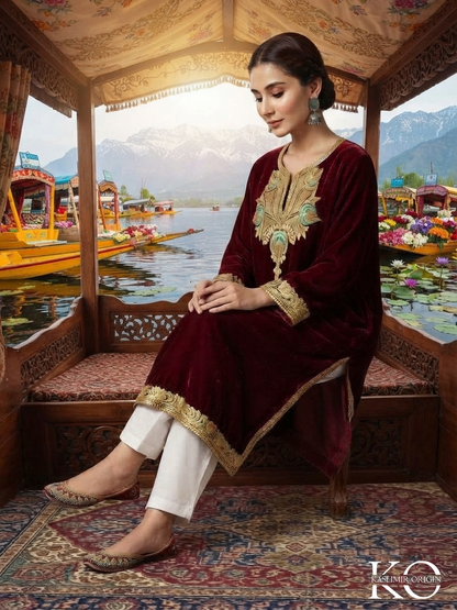 Red Tilla Embroidered Velvet Pheran